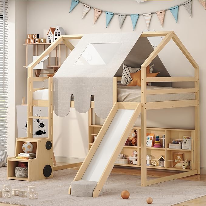 Twin Loft Bed with Slide and Tent