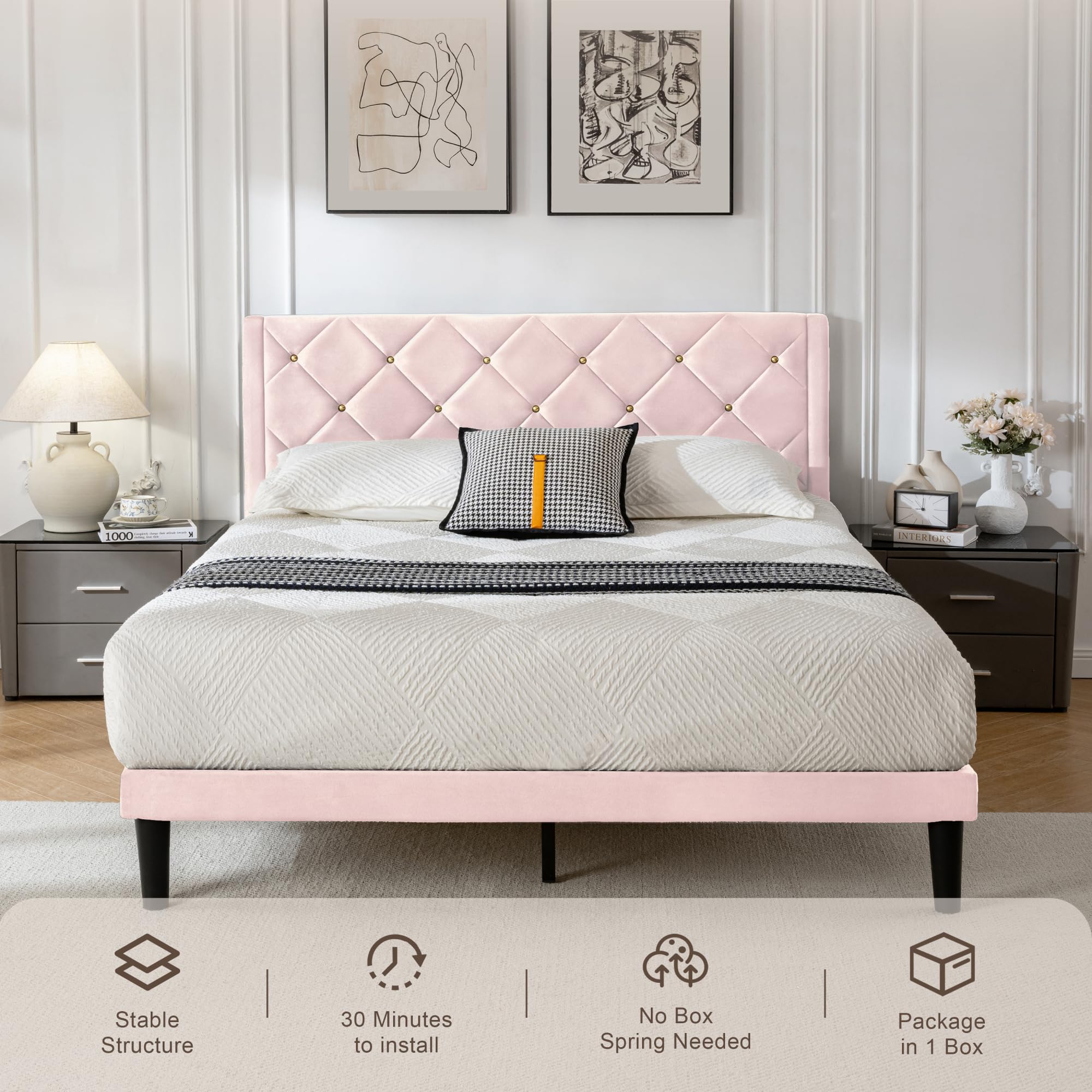 Queen Platform Bed Frame with Velvet Upholstered Headboard