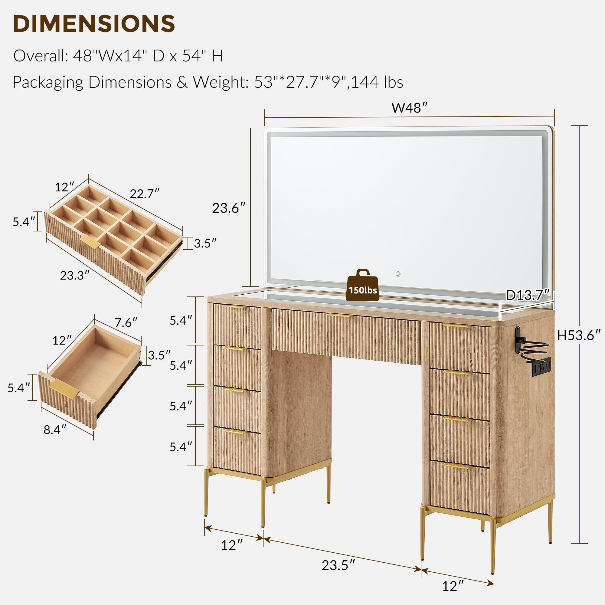 48 Inch Fluted Makeup Vanity Desk with Mirror and HD Lights