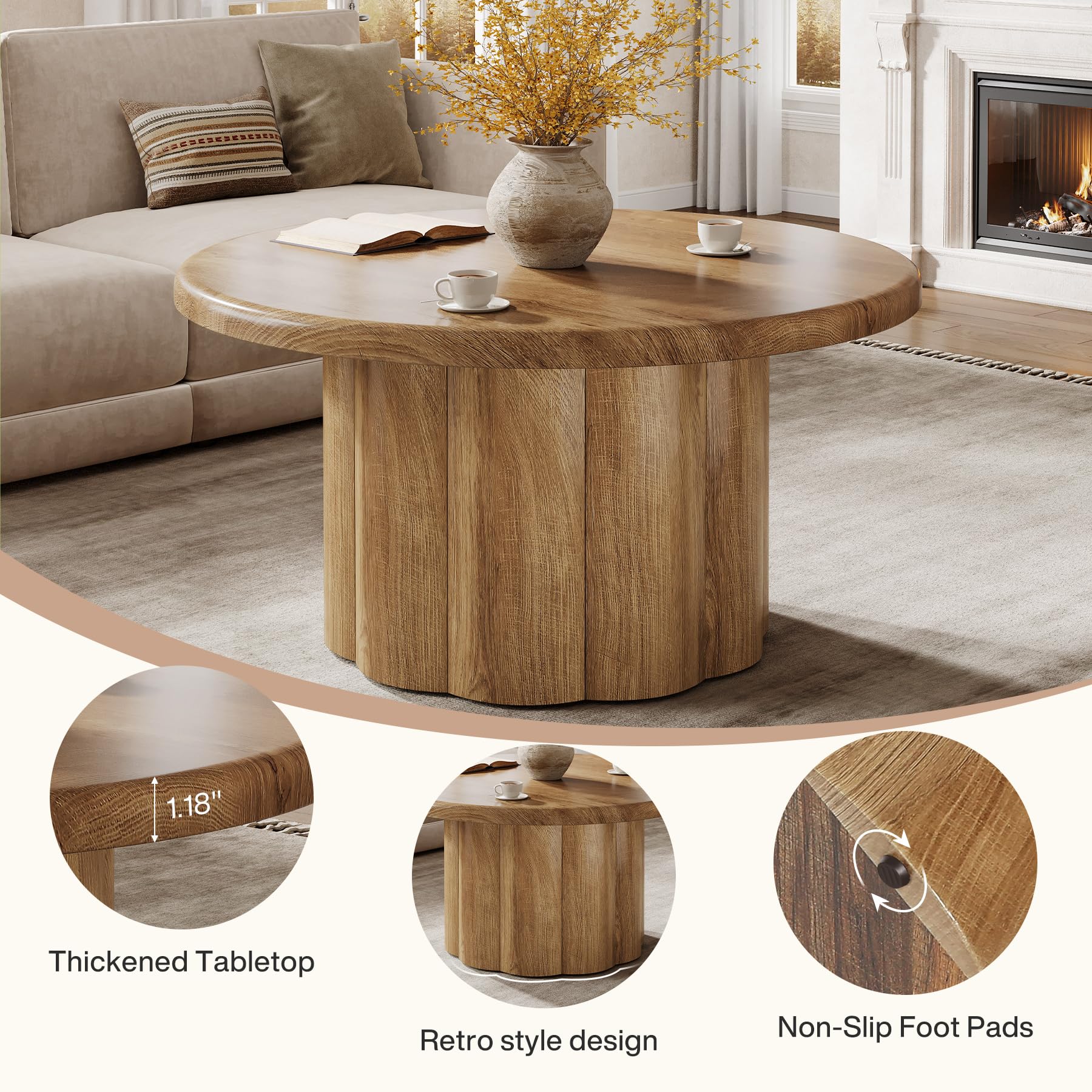 Round Coffee Table with Fluted Drum Base