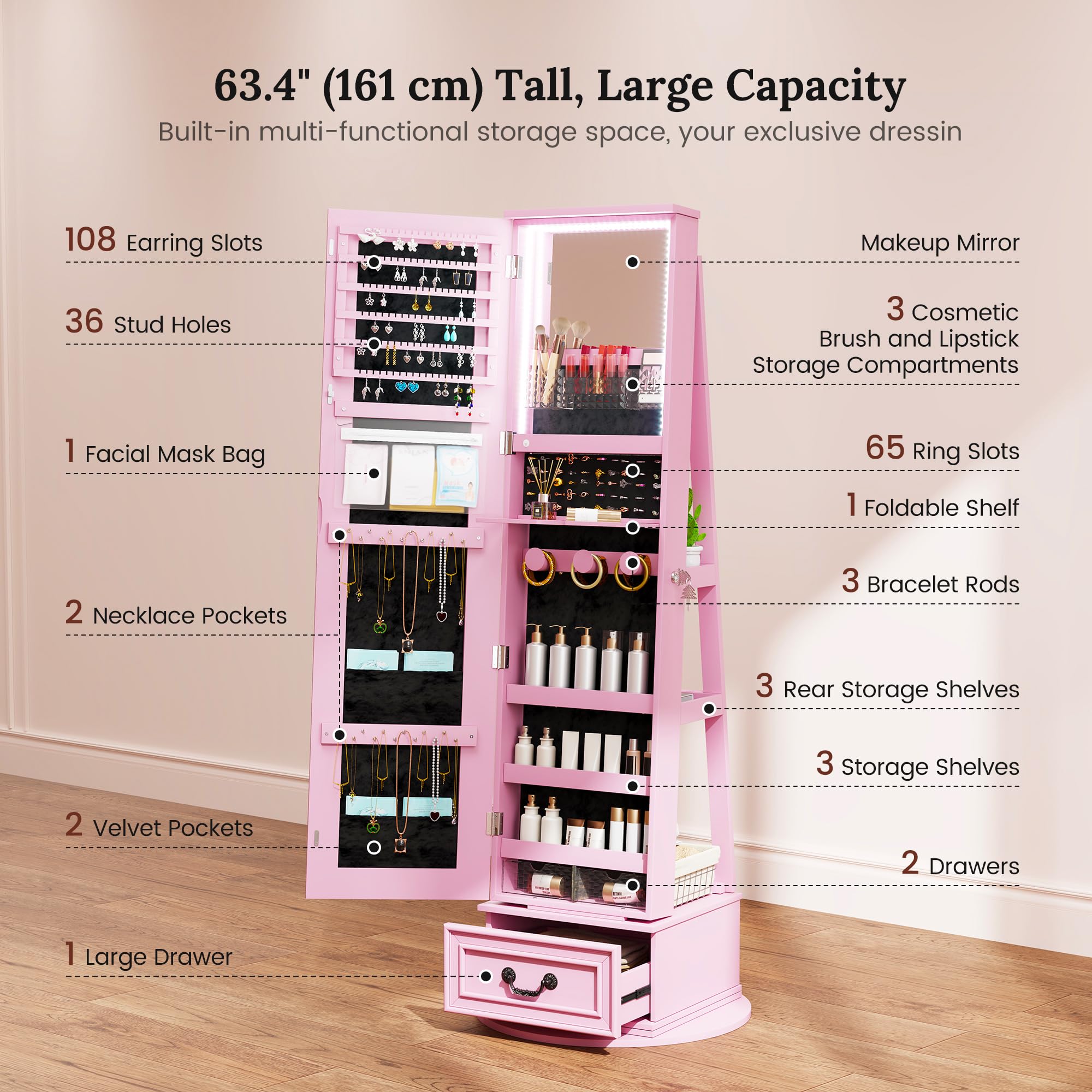 LED Mirror Jewelry Cabinet with 360° Swivel and Storage Drawer