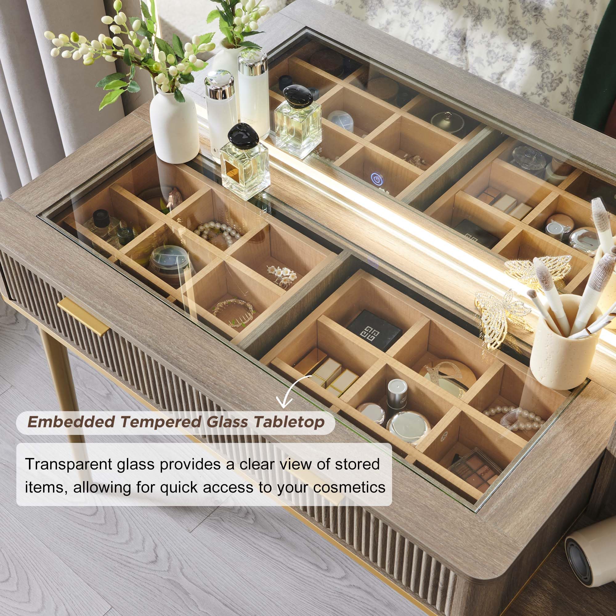 Fluted Makeup Vanity Desk with 36" HD Lighted Mirror