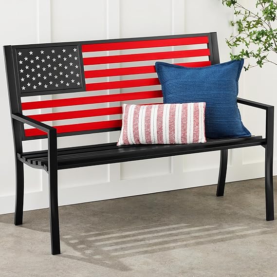 2-Person Steel Outdoor Bench with American Flag Design