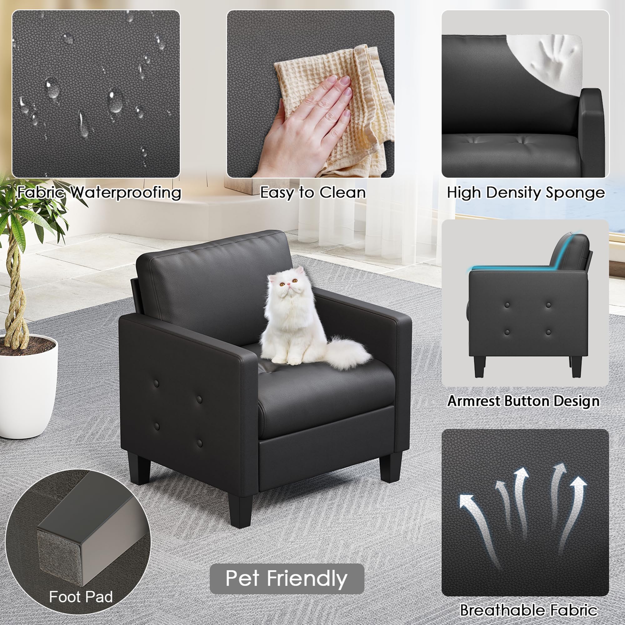 STHOUYN Accent Chair, Black Faux Leather Chair, Mid-Century Modern Living Room Chairs, Cozy Office Reading Chair with Tufted Seat and Armrest, Reception Armchairs for Bedroom, Waiting Room (1)