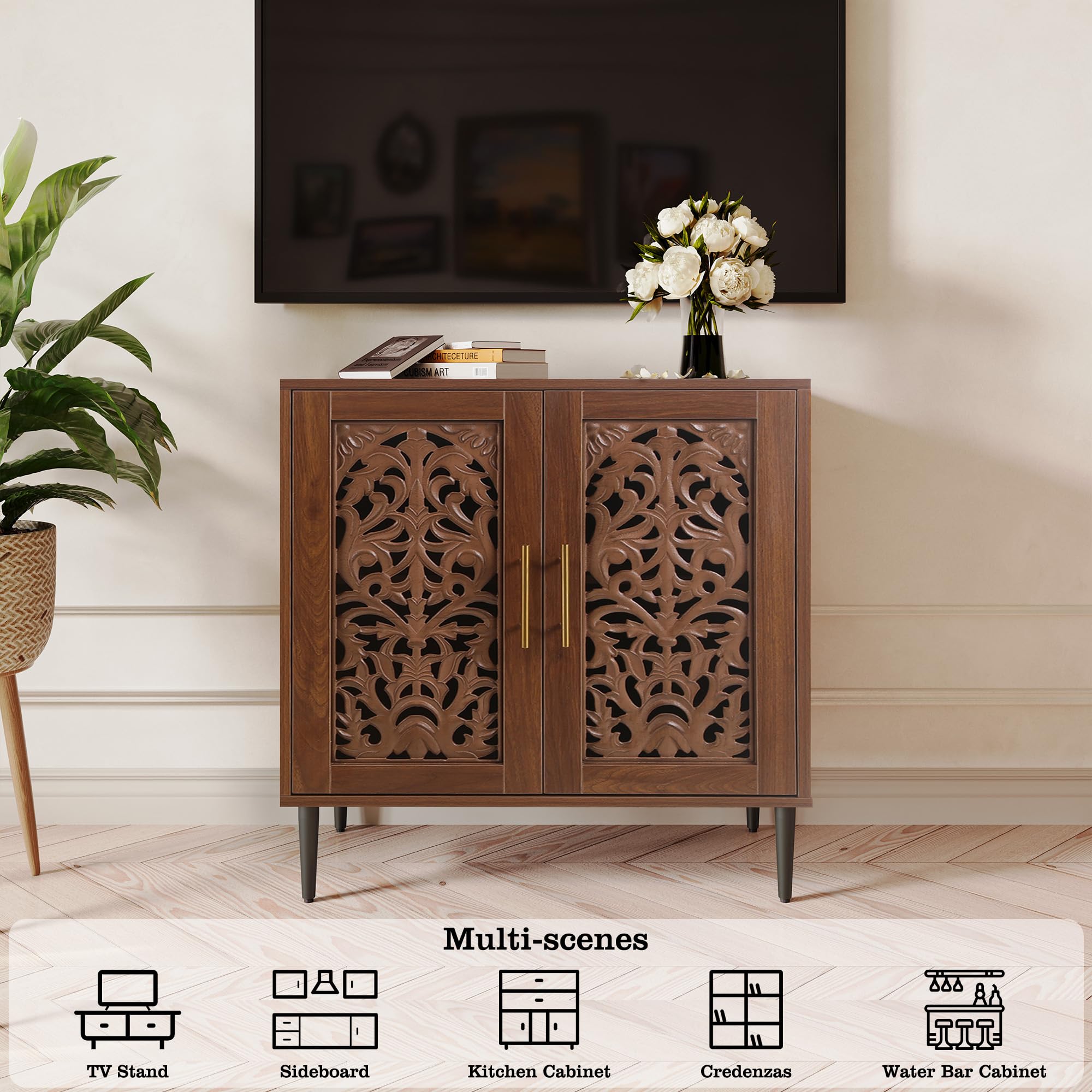 Vintage Hollow Carved Buffet Cabinet with Storage