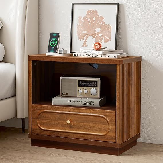 Fluted Nightstand with Charging Station and Drawer Storage