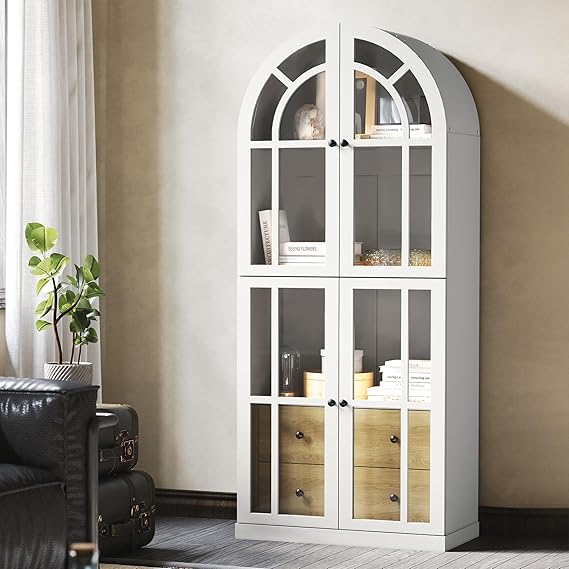Arched Glass Door Cabinet with Drawers and Shelves