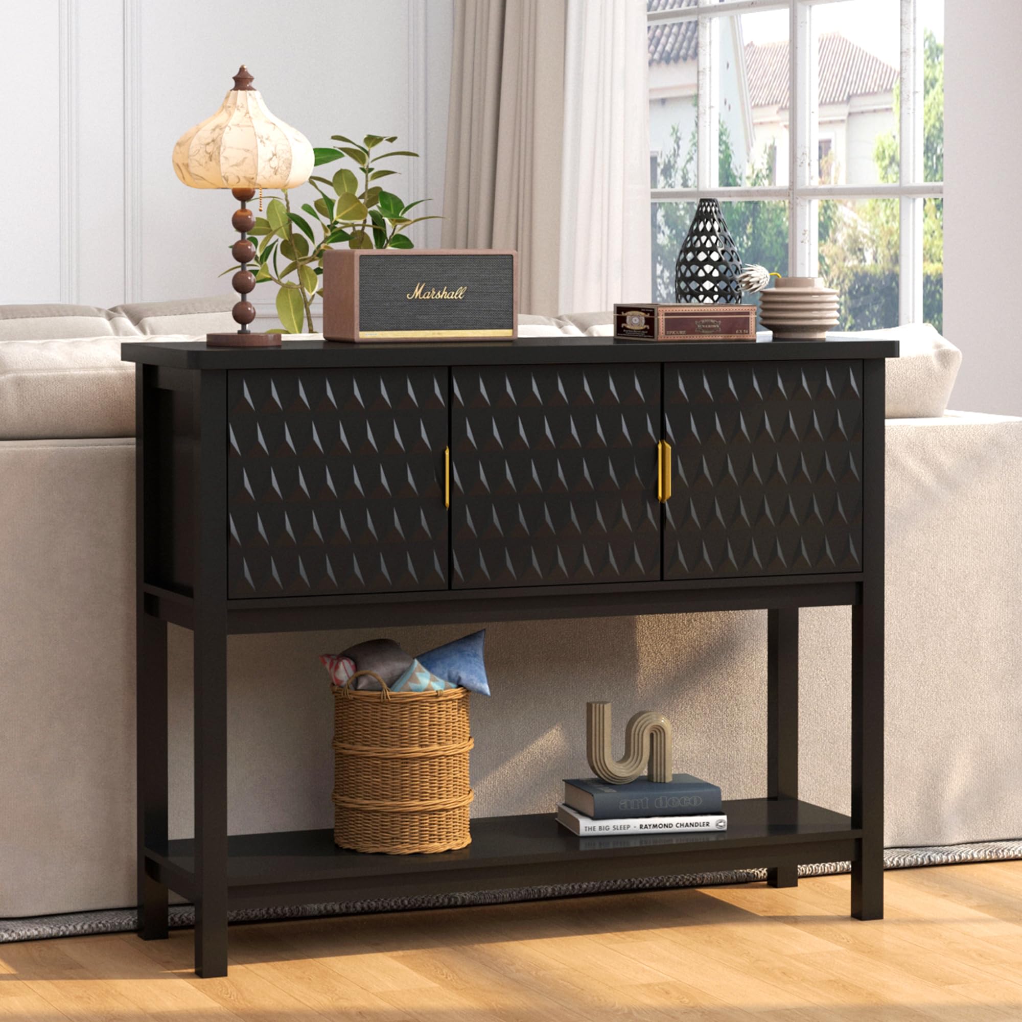 Modern Console Table with Diamond Pattern Doors
