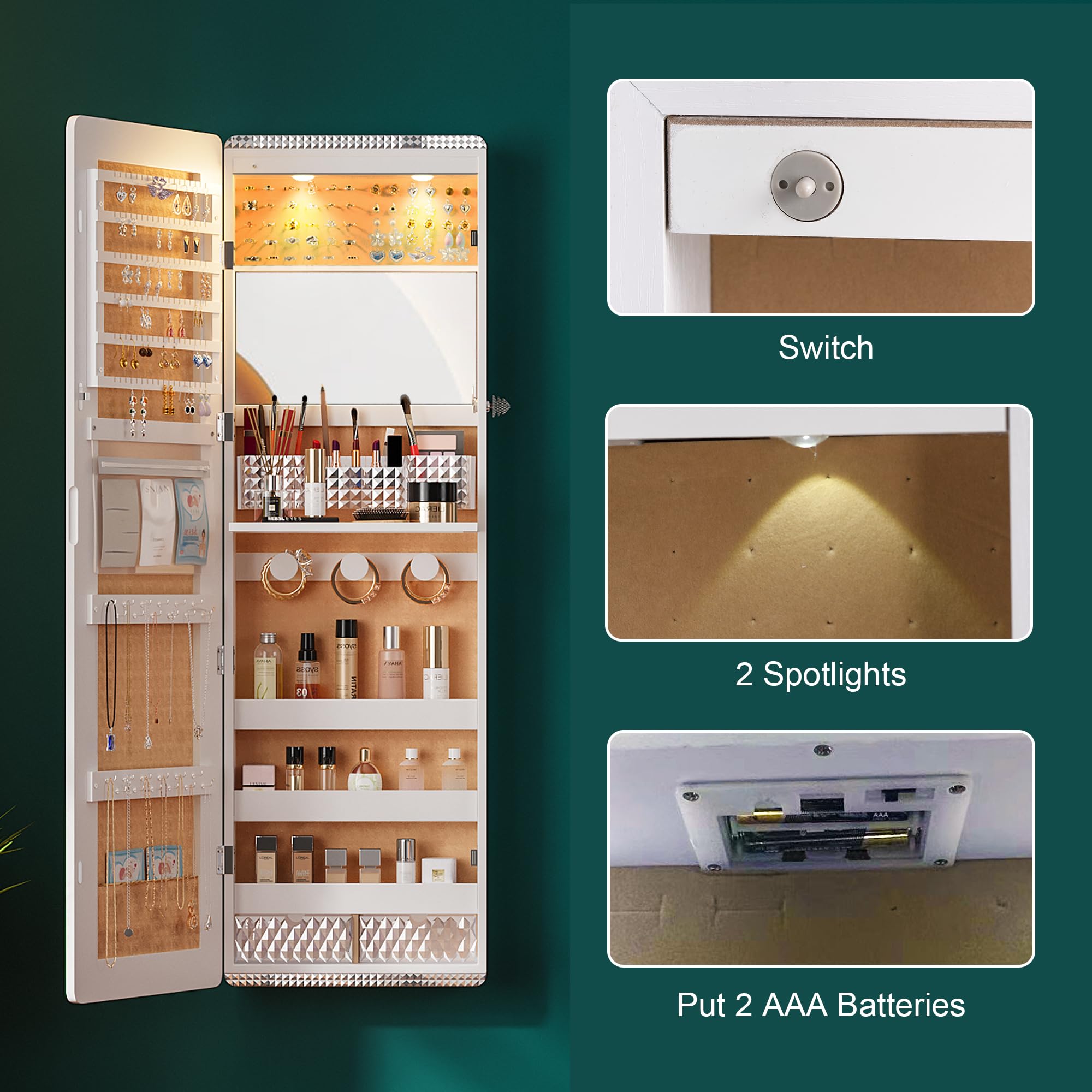 47.2" LED Wall Mounted Jewelry Cabinet with Full Length Mirror
