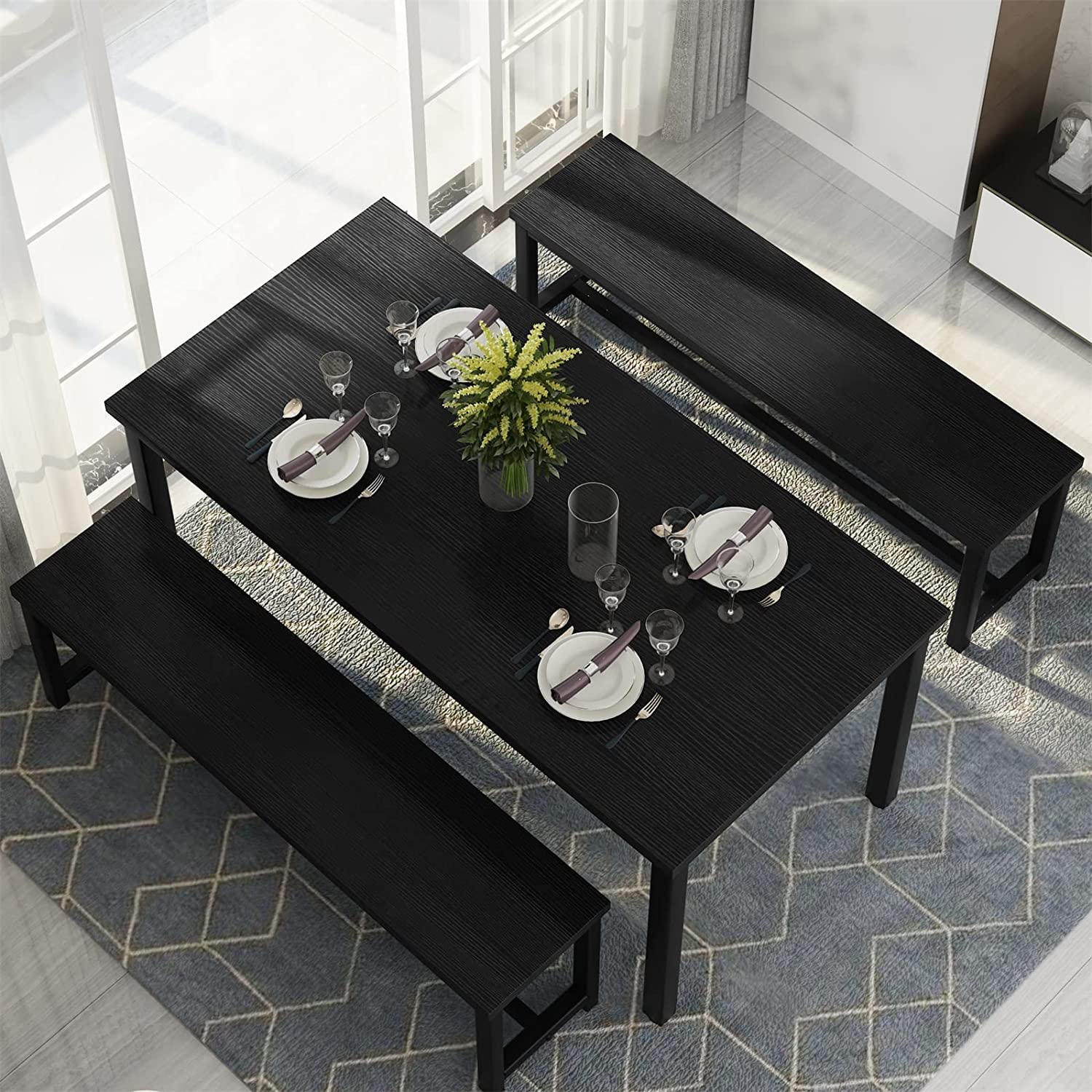 Dining Table Set with 2 Benches Black