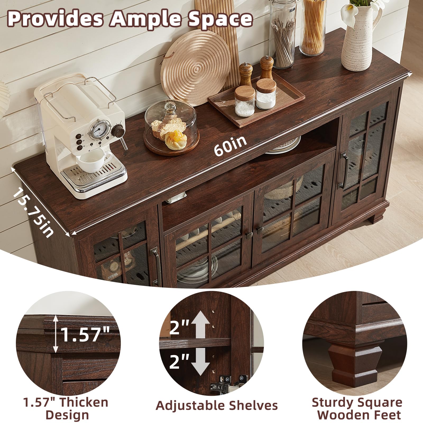 Vintage Walnut Sideboard Buffet Cabinet with Glass Doors