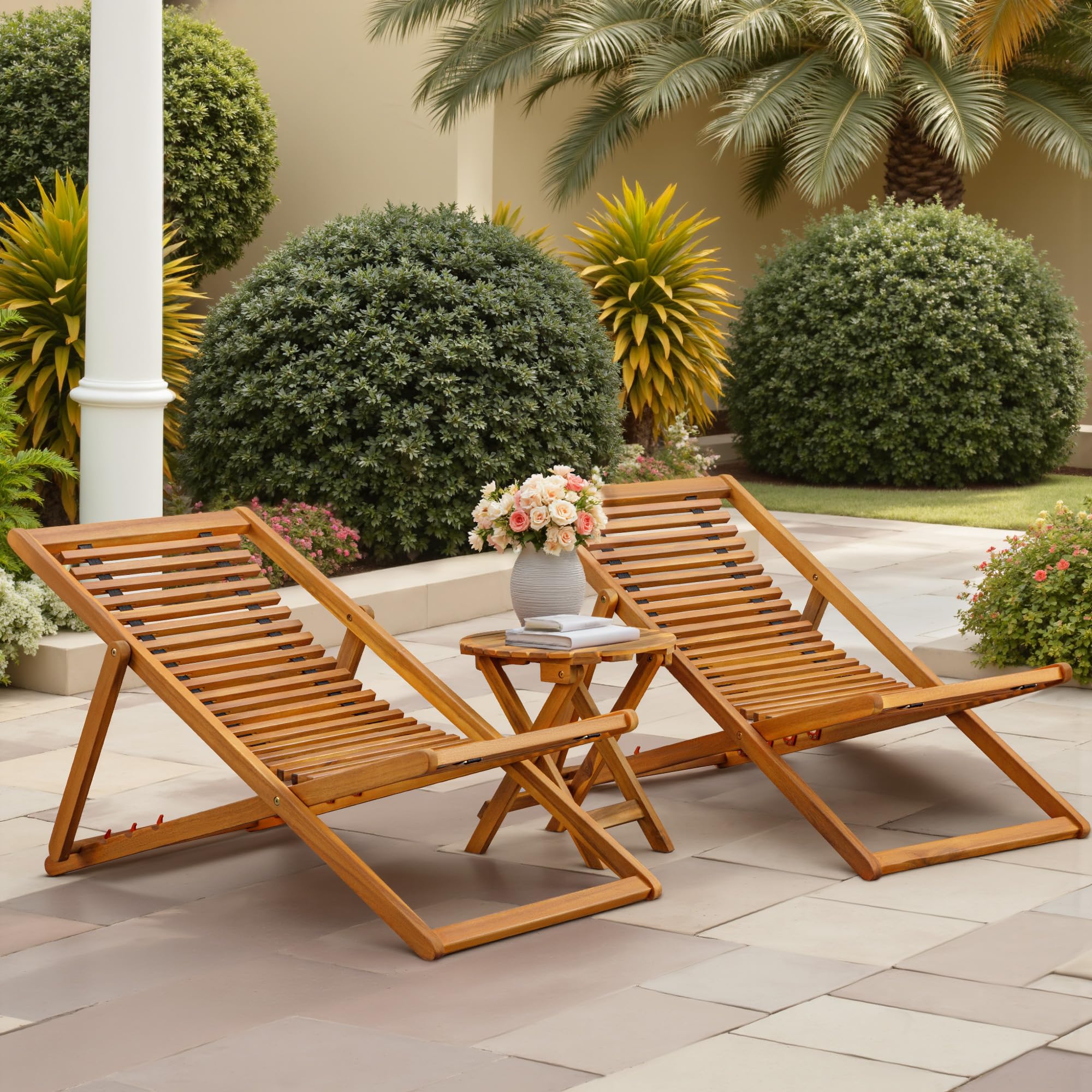 3-Piece Acacia Wood Patio Chaise Lounge Set