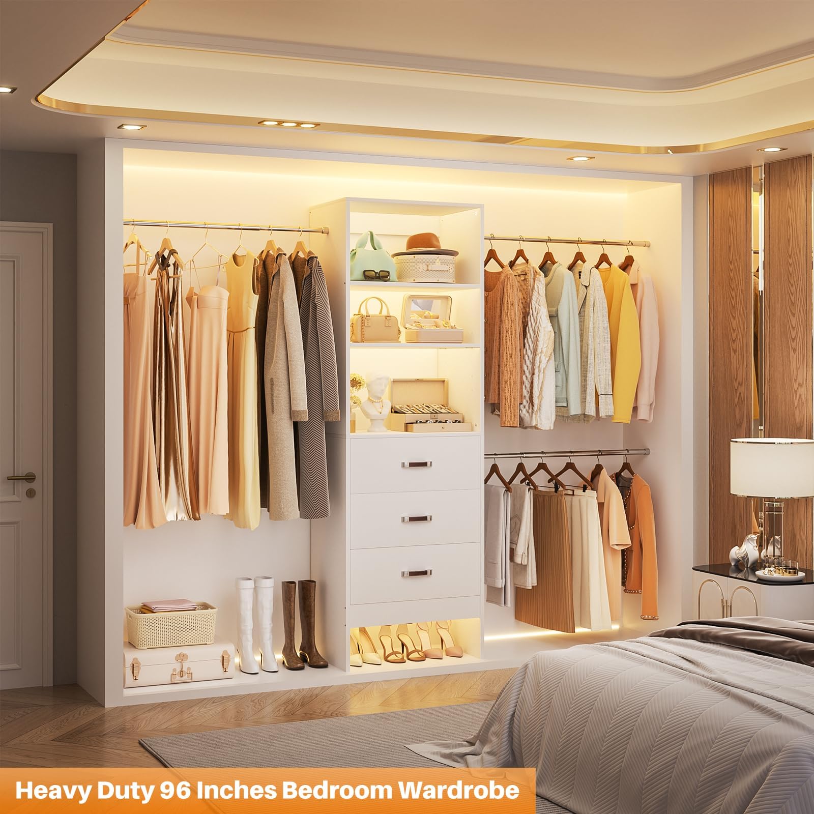 Walk-In Closet Organizer System with Hanging Rods and Drawers