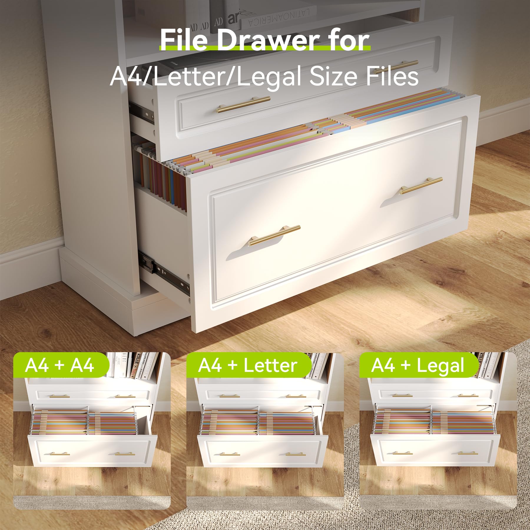 5-Tier Tall White Bookcase with Drawers