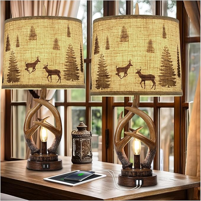 Rustic Farmhouse Antler Table Lamp Set of 2 with USB Ports and Nightlight