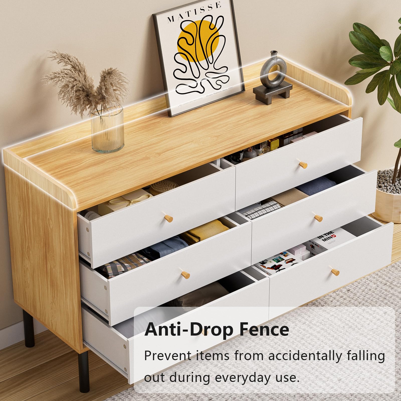 6 Drawer Natural Wood Dresser with Metal Handles
