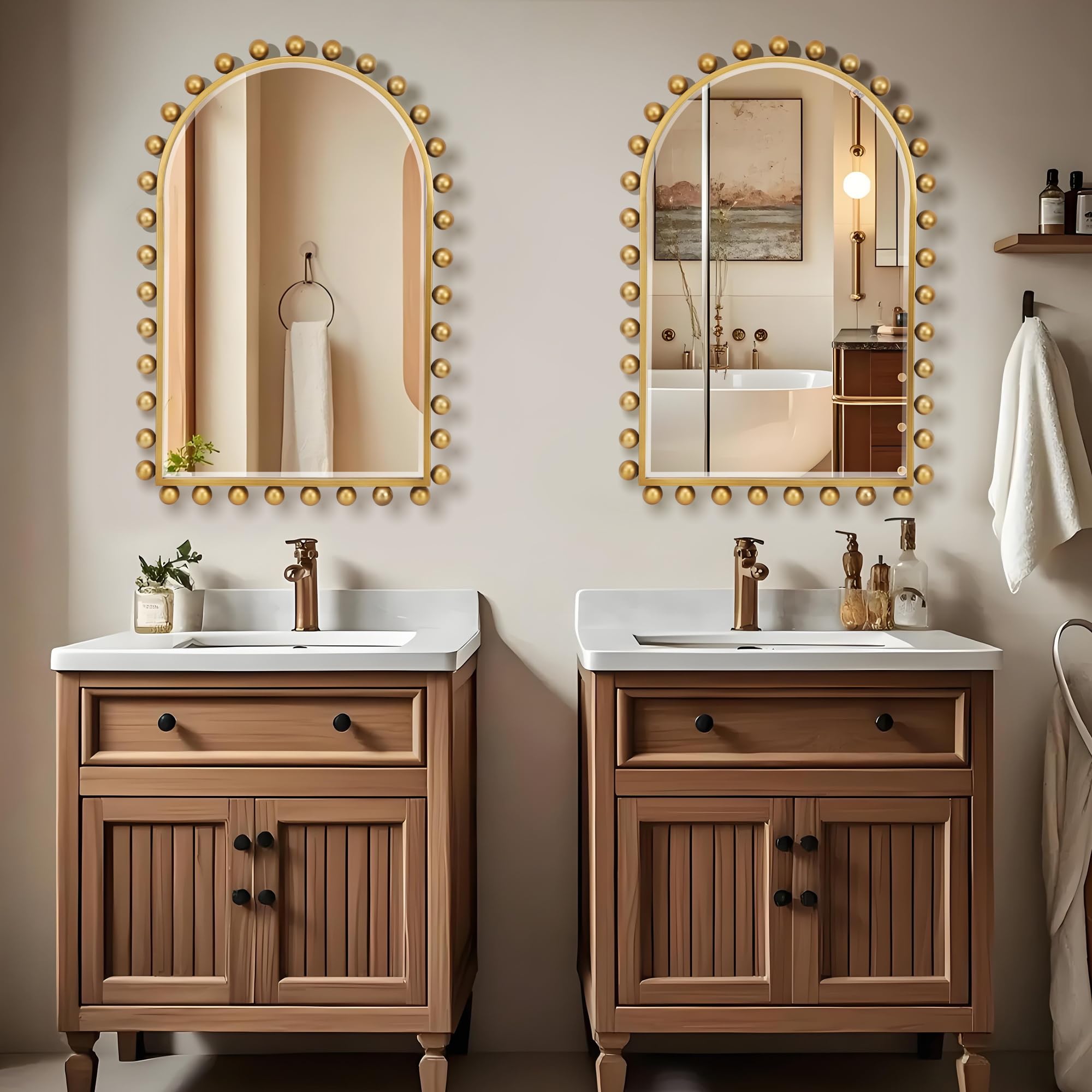 Arched Wall Mirror 24x36 Inch Antique Gold Ball Frame