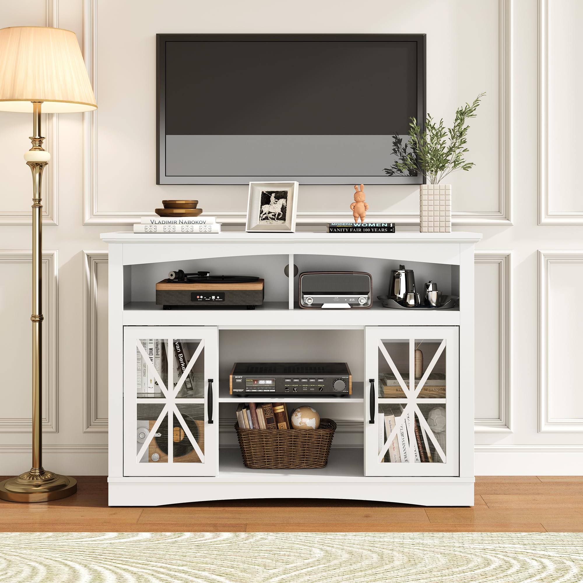 47" Farmhouse TV Stand with LED Lights and Glass Doors