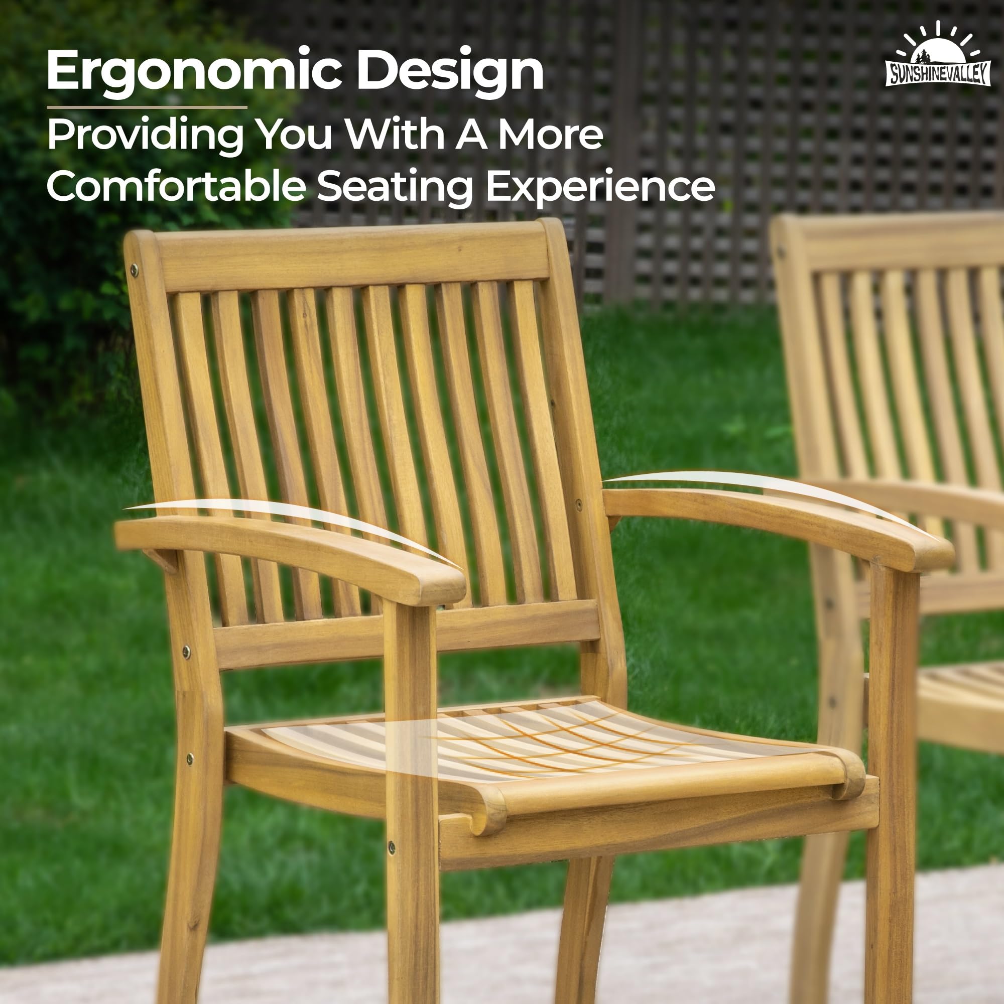 SUNSHINE VALLEY Acacia Wood 7 Piece Patio Dining Sets for 6, Outdoor Dining Set with Expandable Teak Dining Table(1.97" Umbrella Hole) & Wooden Chairs, Patio Table and Chairs for Backyard,Deck