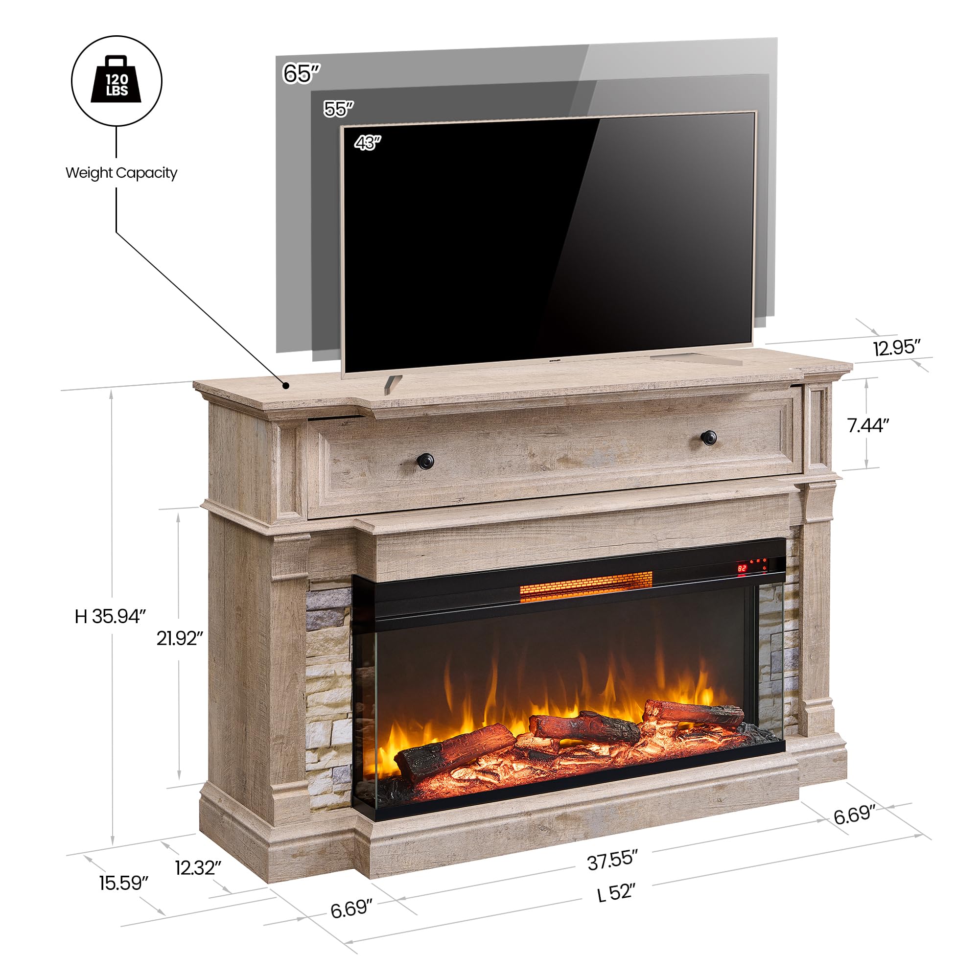 52" Electric Fireplace TV Stand with 3-Side Glass Insert and Storage