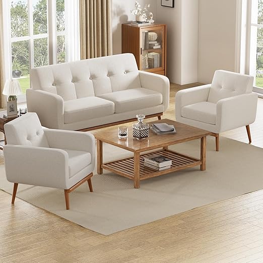 Button Tufted Living Room Set - 3 Piece Upholstered Sofa Collection