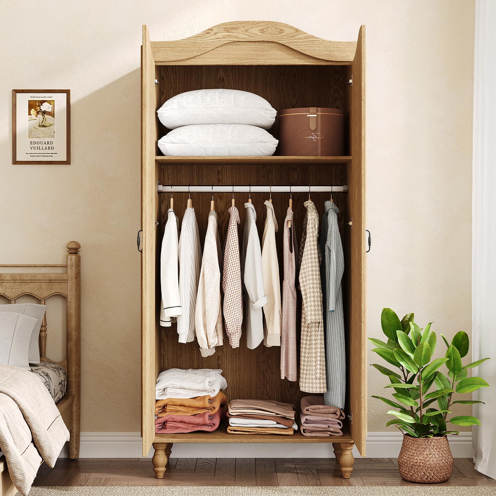 Arched Armoire Wardrobe Closet with 2 Doors and Hanging Rod
