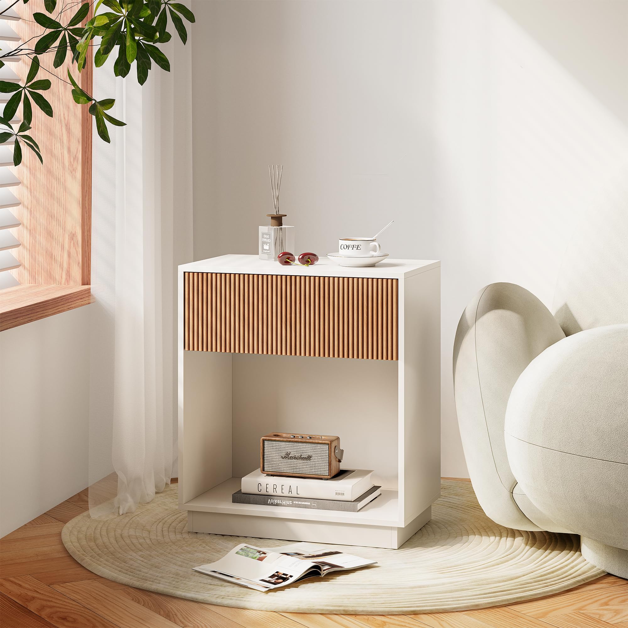 Fluted Nightstands Set of 2 with Drawer and Storage Shelf