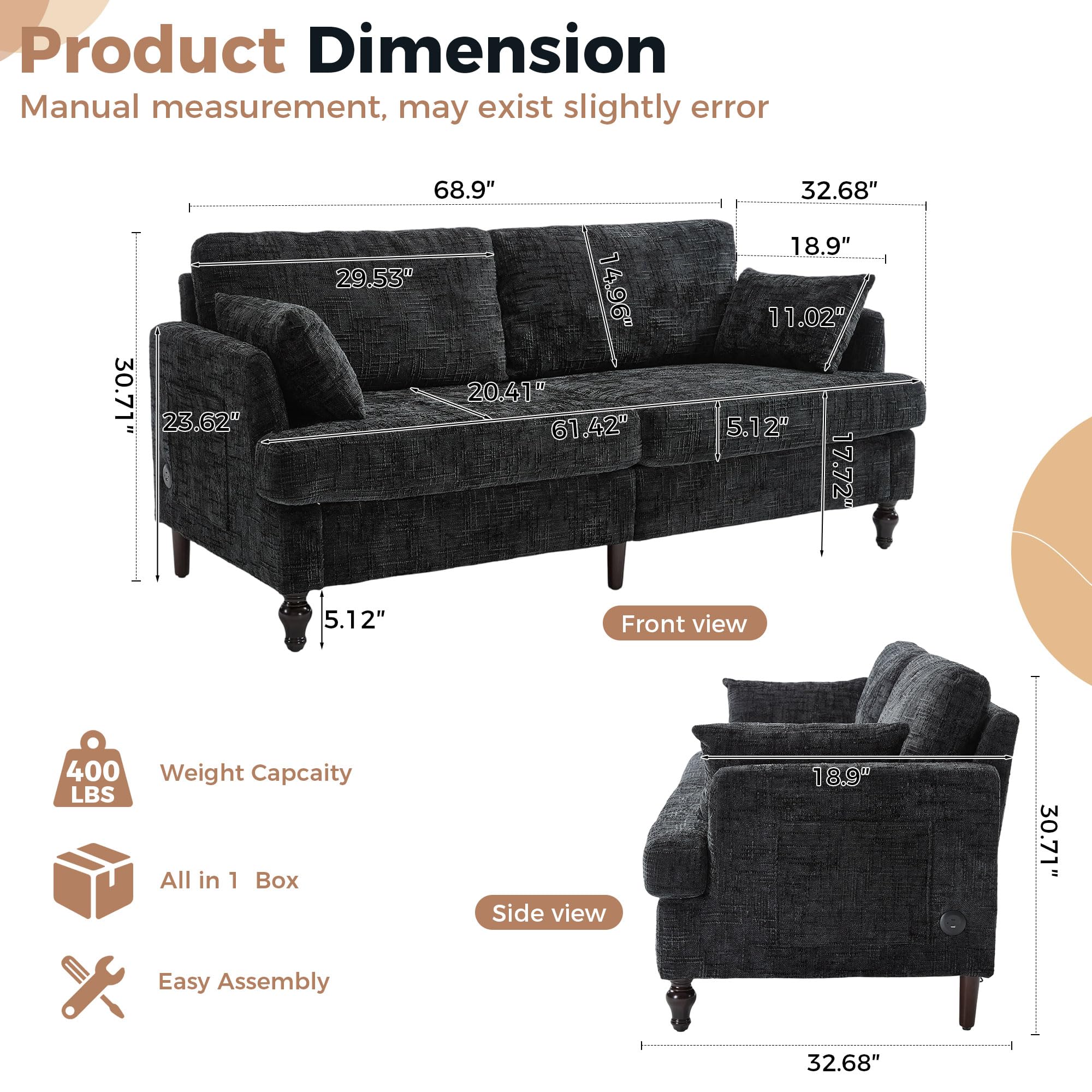 69" Mid-Century Modern Loveseat with USB & LED