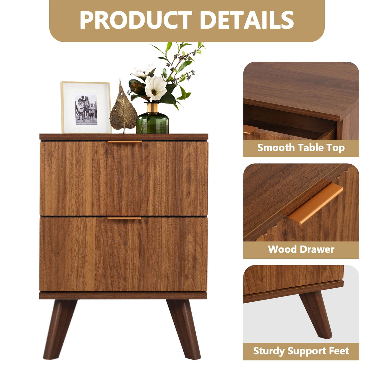 Fluted Nightstand Set of 2 with 2 Drawers