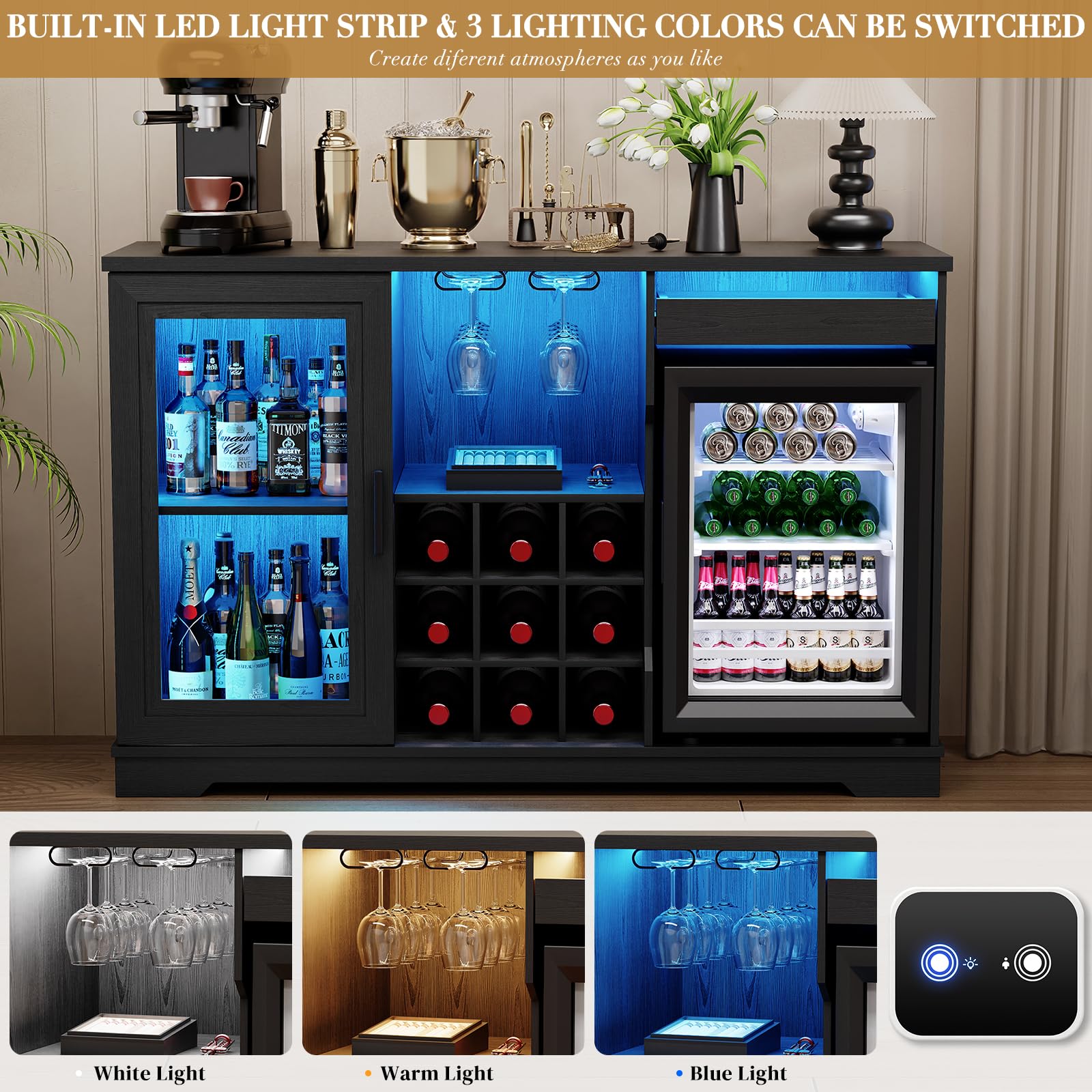 Wine Bar Cabinet with Fridge and LED Lights