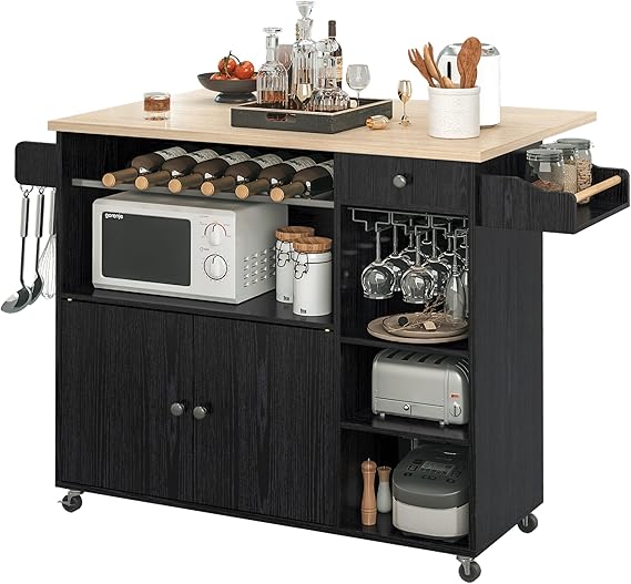 Kitchen Island Cart with Drop-Leaf and Wine Rack