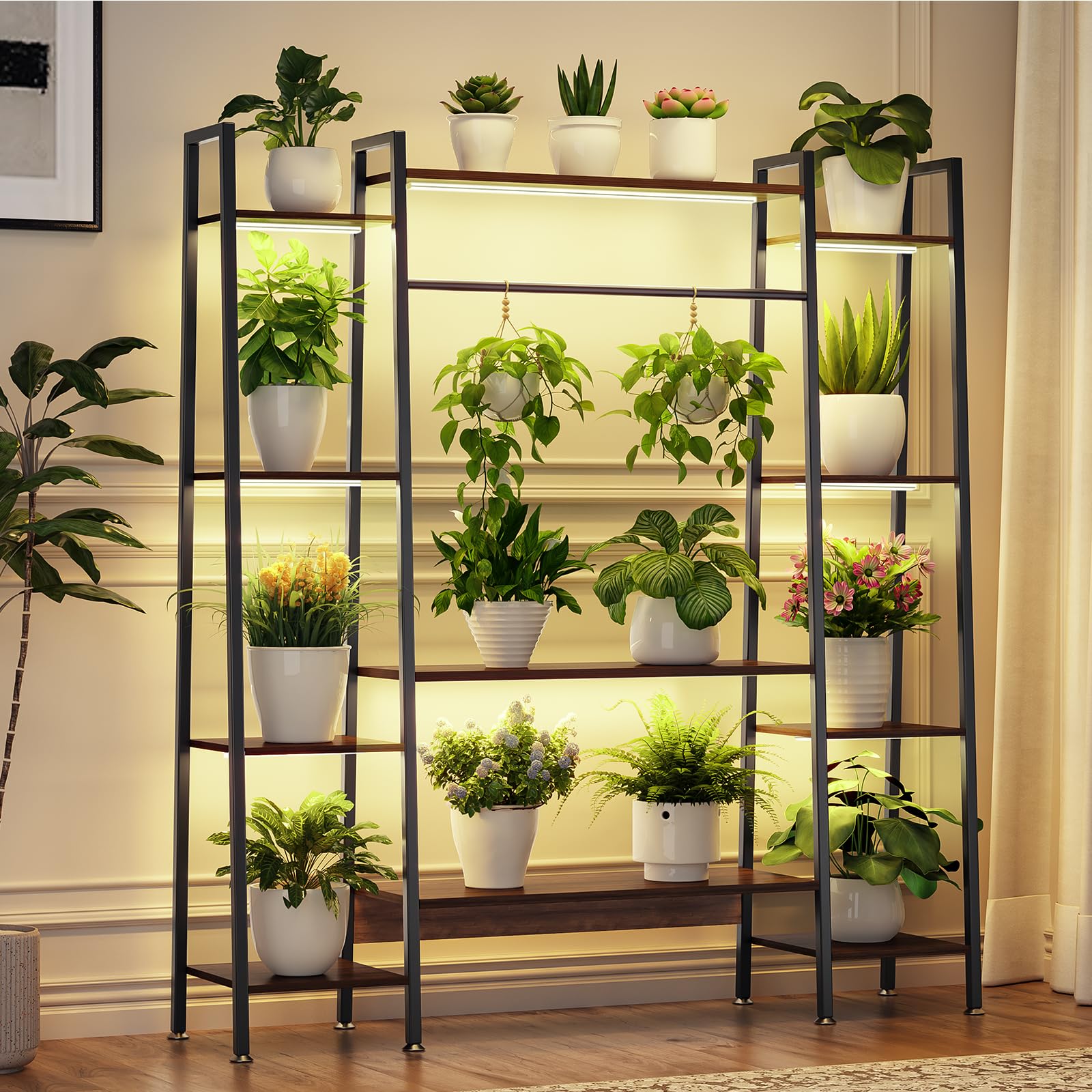 12-Tier Plant Stand with Grow Light - 55" Tall Wood & Metal Shelf with Timer