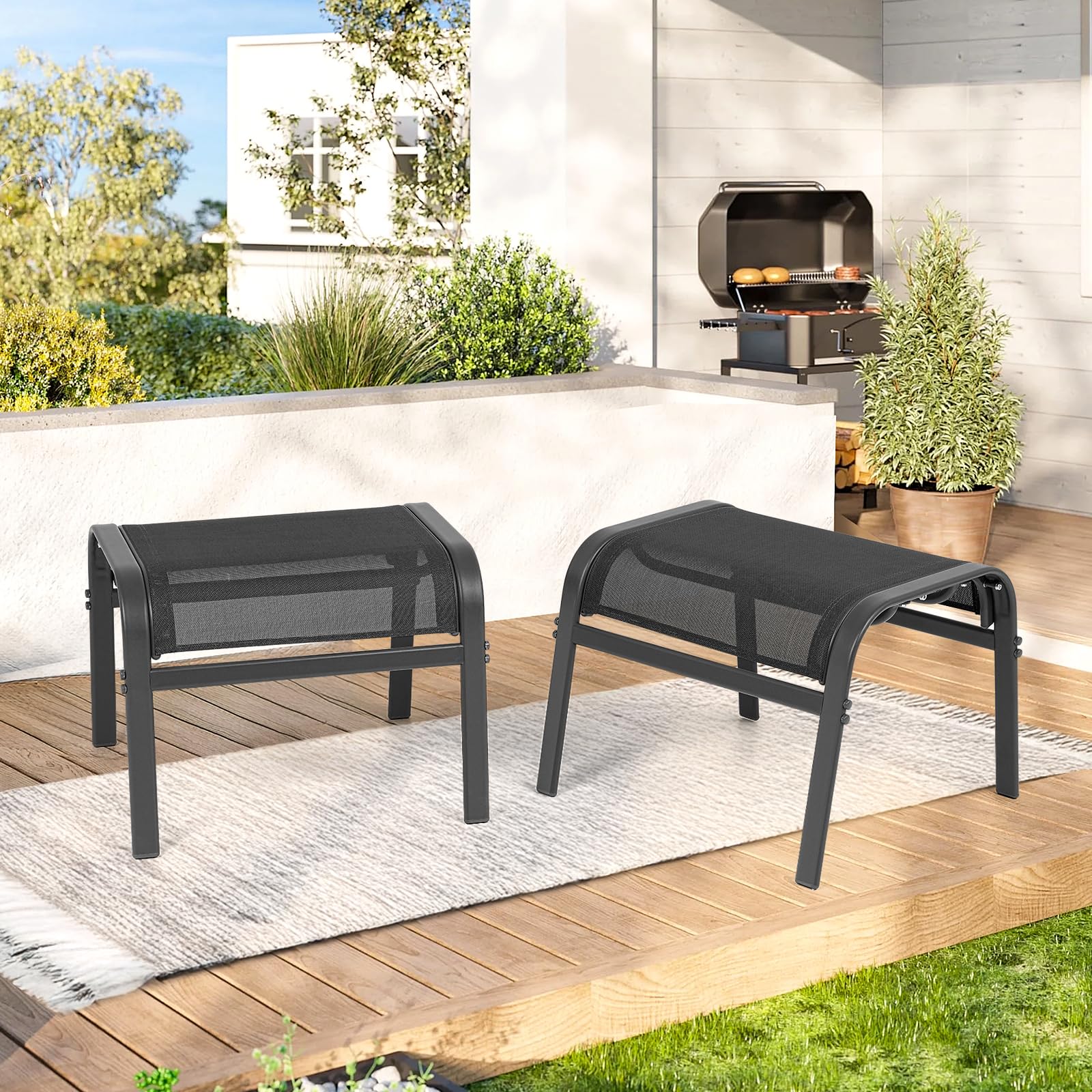 Outdoor Ottoman Footrest Set of 2 - Textilene Fabric with Metal Frame