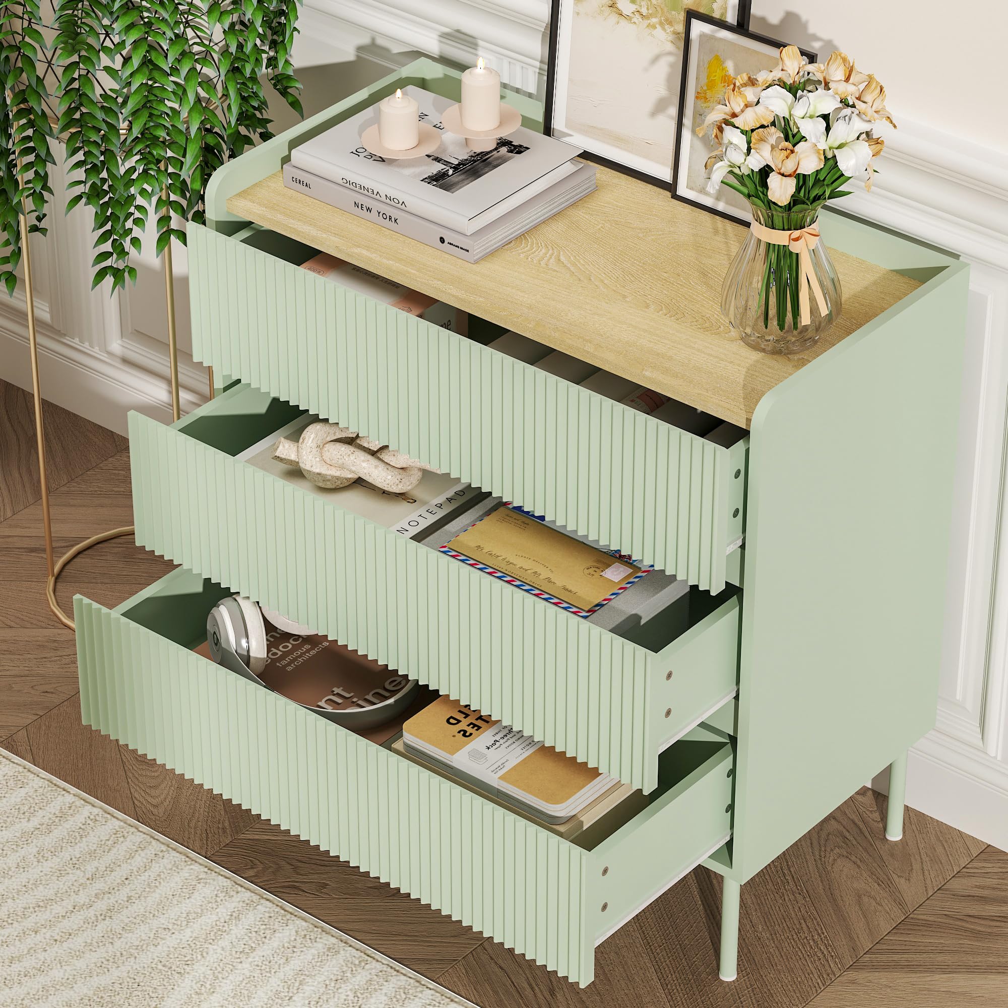 Green 3 Drawer Fluted Dresser