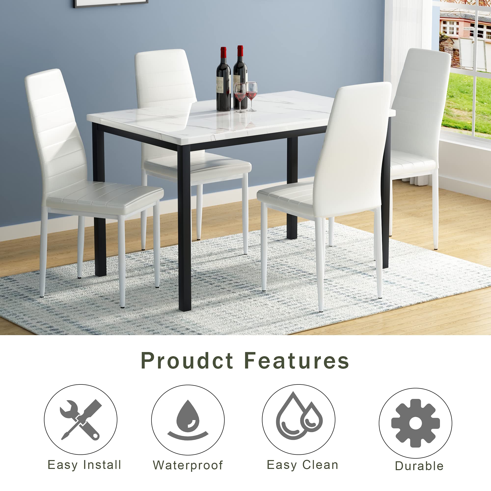5 Pieces Dining Table Set with Faux Marble Top and 4 Upholstered Chairs