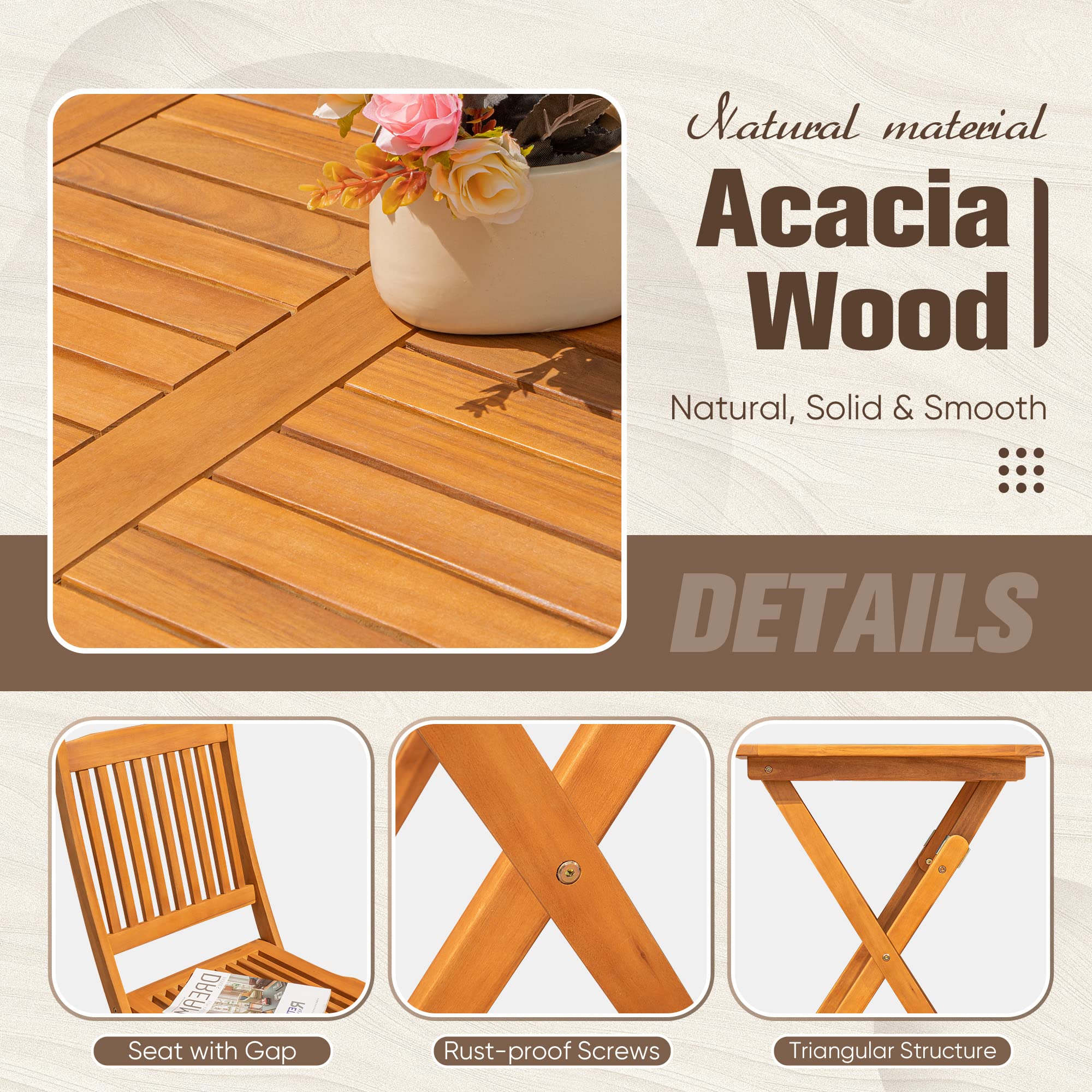 Folding Acacia Wood Bistro Set 3 Piece