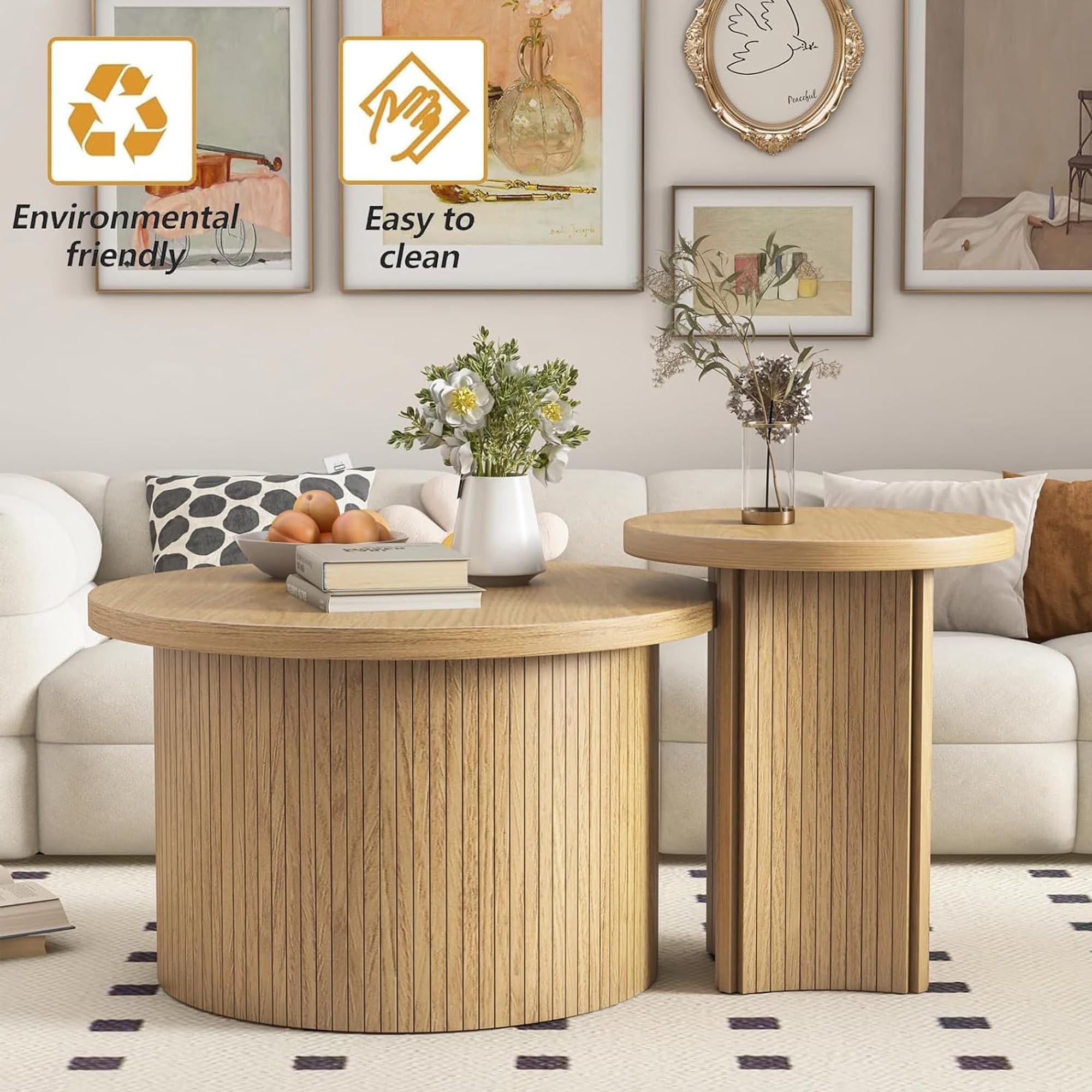 Mxtxmy Set of 2 Nesting Coffee Tables Farmhouse,Round Coffee Table Living Room,Wood Finish Coffee Table Set, Small Coffee Tables, Sofa Side Living Room Bedroom Coffee Side Table (Large Size - Set)