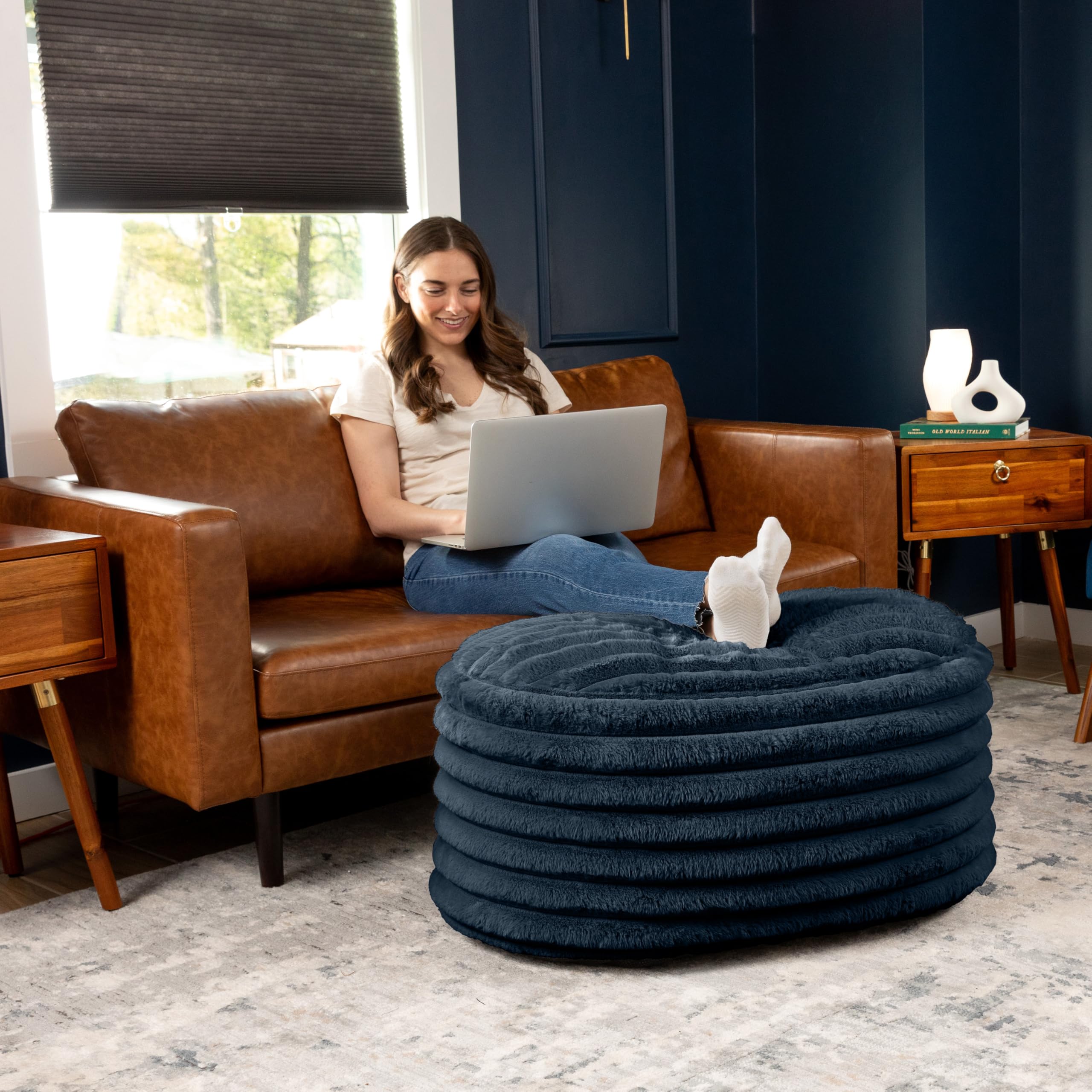 Faux Fur Accent Pouf Ottoman - Large Midnight Blue