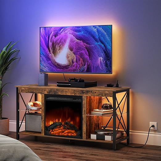 Fireplace TV Stand with Charging Station and LED Lights