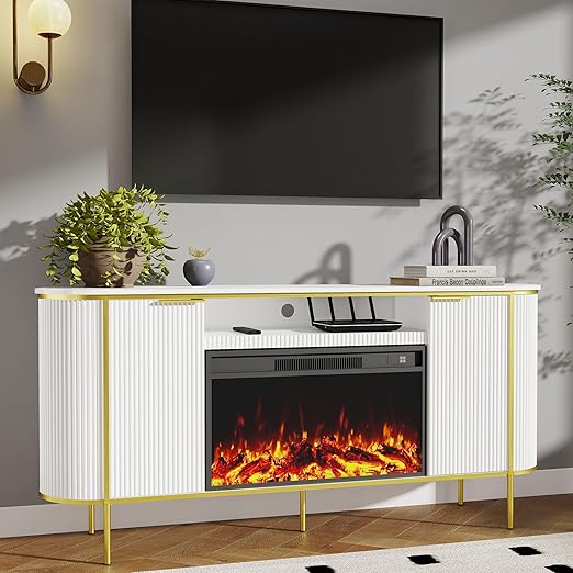 70" White and Gold TV Stand with Faux Marble Top