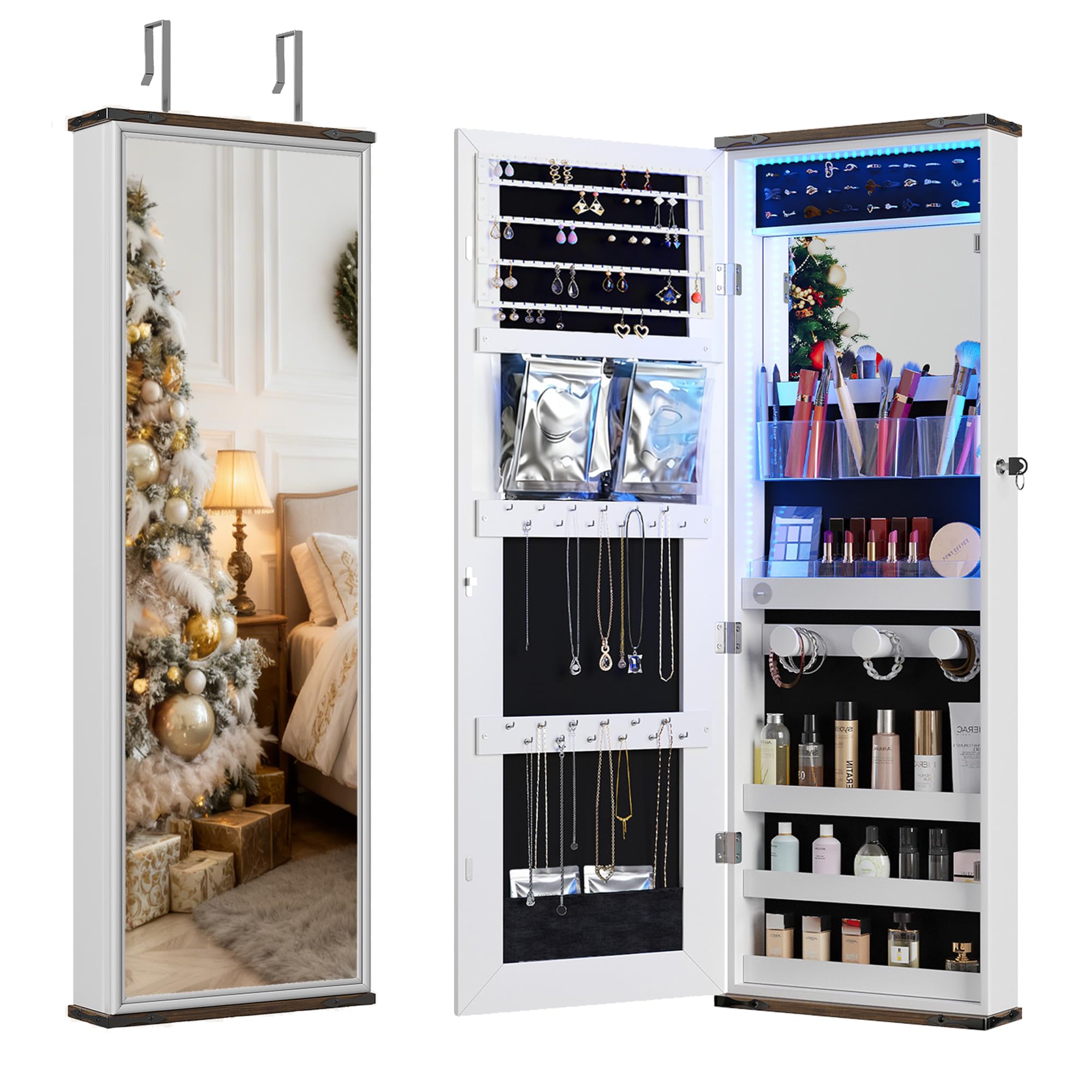 Over the Door Jewelry Organizer Mirror with LED Lights and Lock