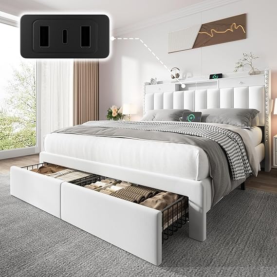 Queen Bed Frame with Storage Drawers and Charging Station