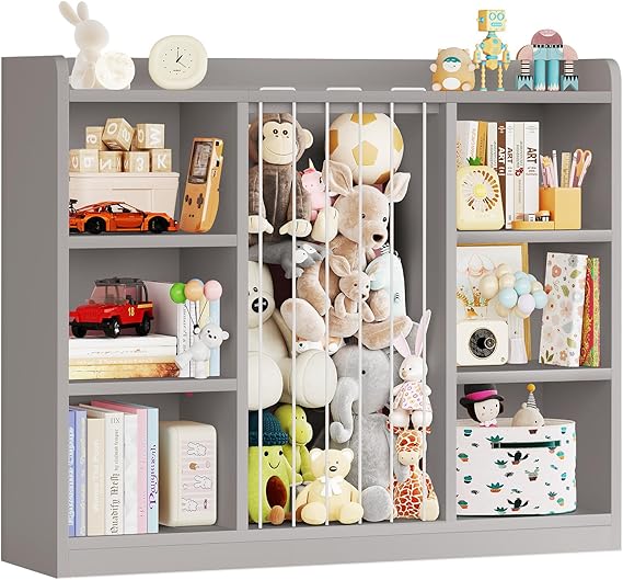 Toy Storage Organizer with Stuffed Animal Zoo Net and 8 Cubbies