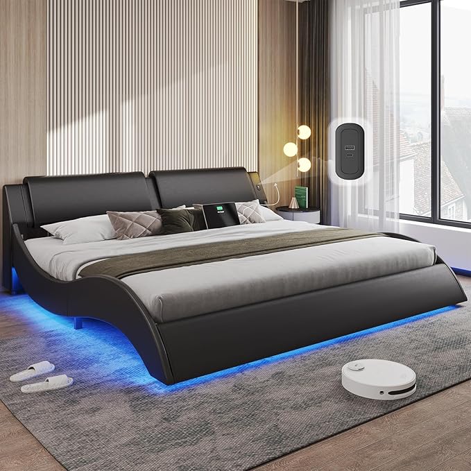 Queen Bed Frame with LED Lights and Charging Ports