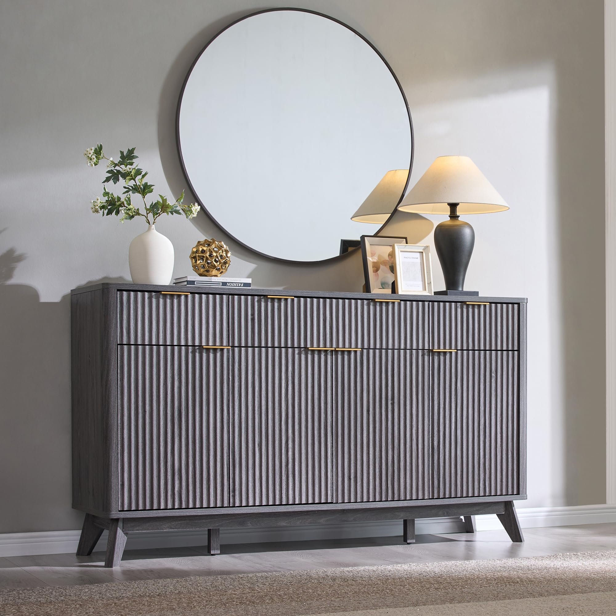 60" Fluted Buffet Sideboard Cabinet with 3 Drawers and 4 Doors