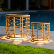 Boho Solar Outdoor Side Table Set of 2 with Built-in Lights