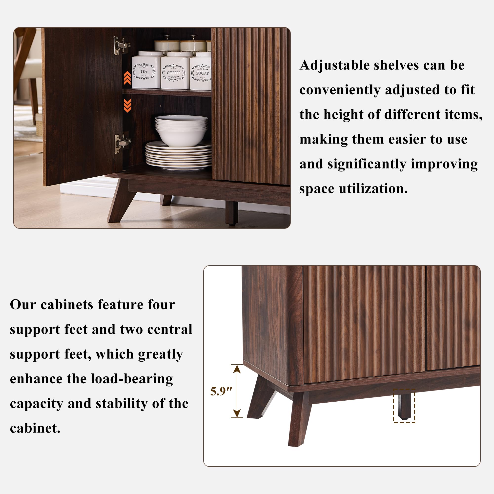 60" Fluted Buffet Sideboard Cabinet with 3 Drawers and 4 Doors