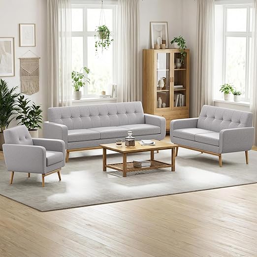 Button Tufted Living Room Set - 3 Piece Upholstered Sofa Collection