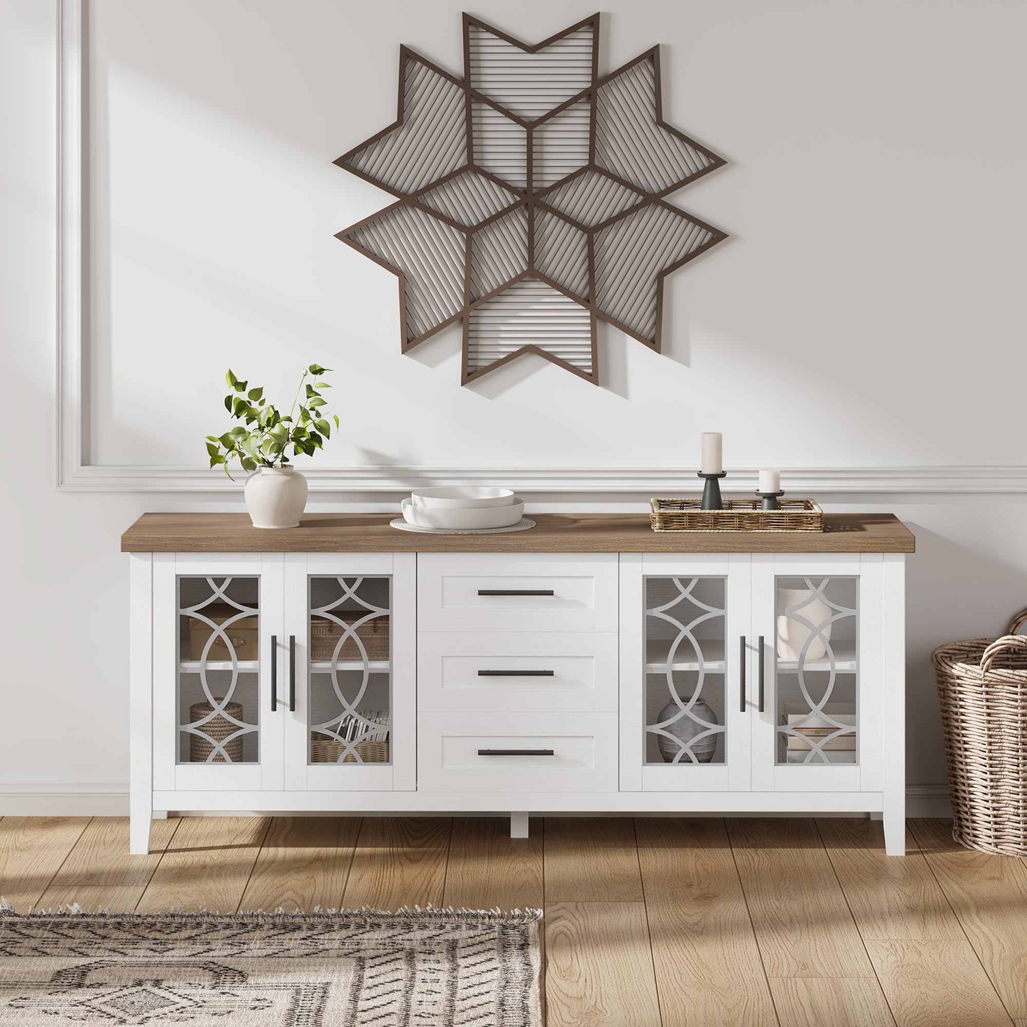 Farmhouse TV Stand for 70 Inch with Glass Door and Storage