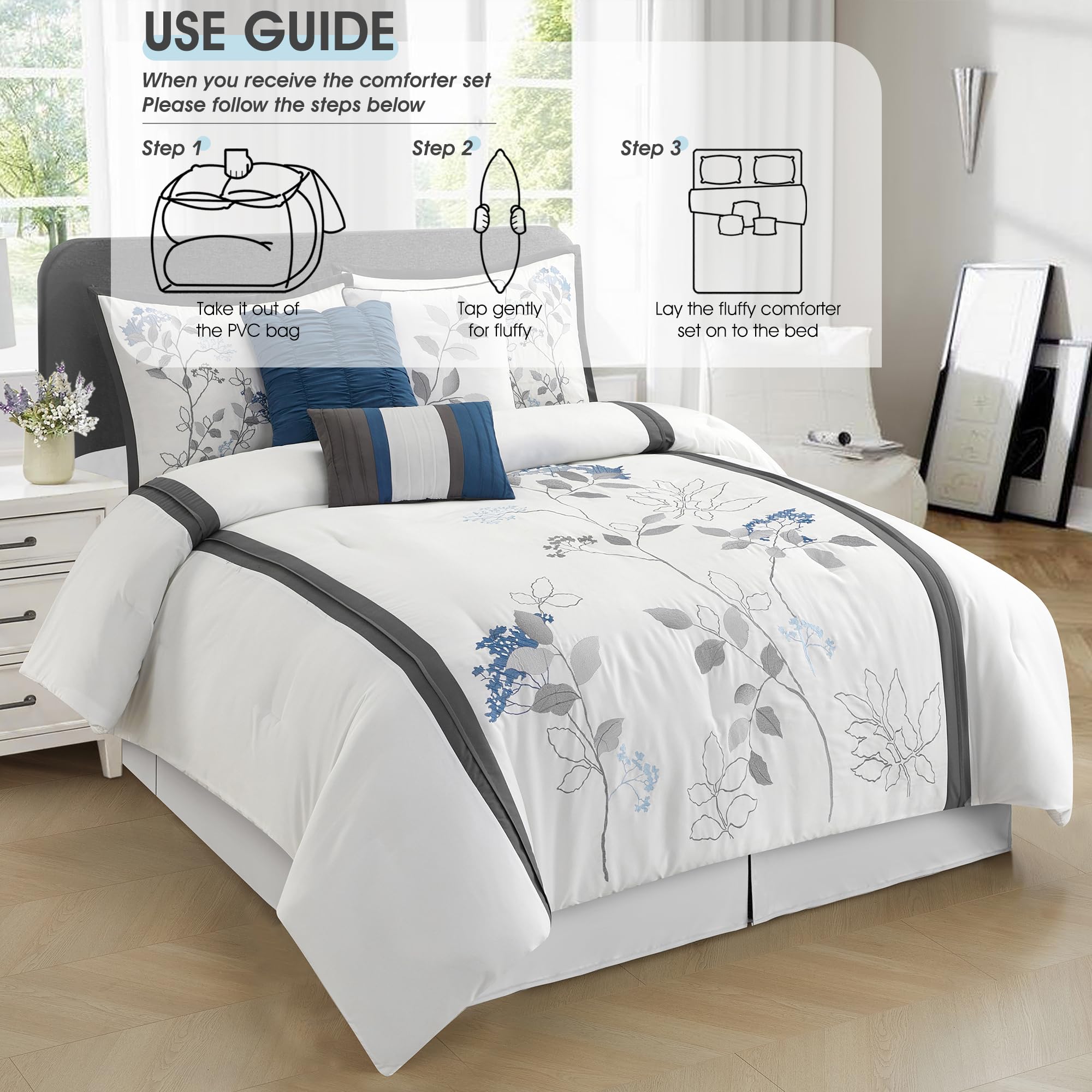 White Queen Comforter Set 7 Piece Bed in a Bag